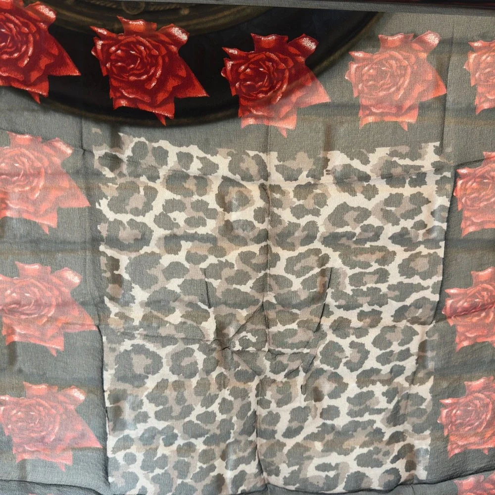 Leopard Print Rose Scarf Red Black Sheer Chiffon Square Neck Head Wrap 16.5